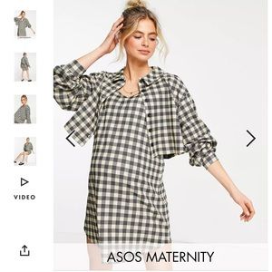 ASOS DESIGN Maternity long sleeve mini shirt dress with overlayer in check print